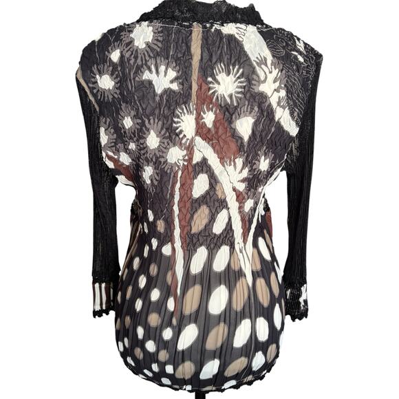 Alberto Makali Sheer Blouse Large Y2K Boho Crinkle Abstract Lace Stretchy Career - Picture 7 of 10